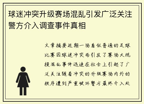 球迷冲突升级赛场混乱引发广泛关注警方介入调查事件真相