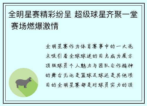 全明星赛精彩纷呈 超级球星齐聚一堂 赛场燃爆激情