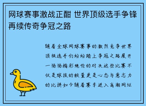 网球赛事激战正酣 世界顶级选手争锋再续传奇争冠之路