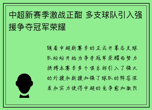 中超新赛季激战正酣 多支球队引入强援争夺冠军荣耀