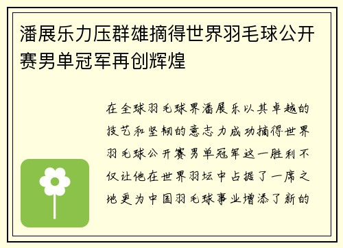 潘展乐力压群雄摘得世界羽毛球公开赛男单冠军再创辉煌
