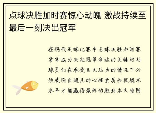 点球决胜加时赛惊心动魄 激战持续至最后一刻决出冠军