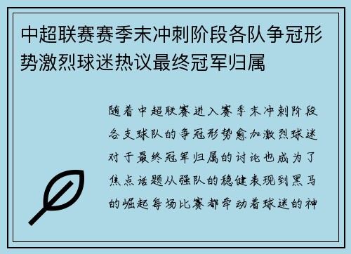 中超联赛赛季末冲刺阶段各队争冠形势激烈球迷热议最终冠军归属