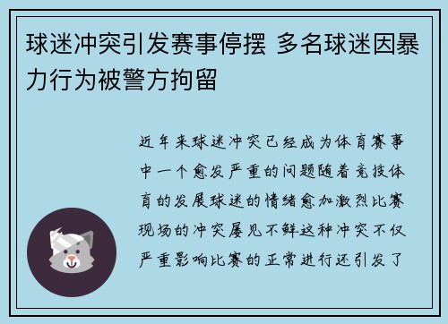 球迷冲突引发赛事停摆 多名球迷因暴力行为被警方拘留