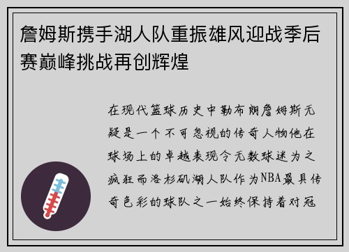 詹姆斯携手湖人队重振雄风迎战季后赛巅峰挑战再创辉煌