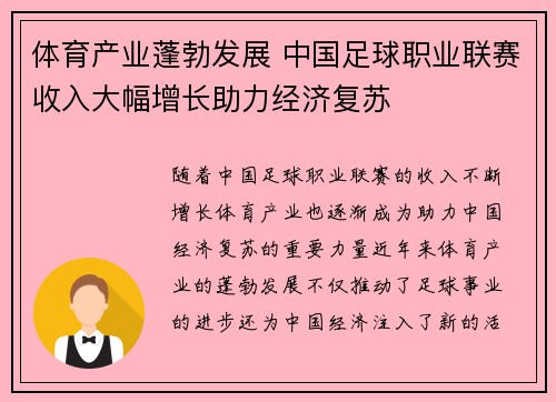体育产业蓬勃发展 中国足球职业联赛收入大幅增长助力经济复苏